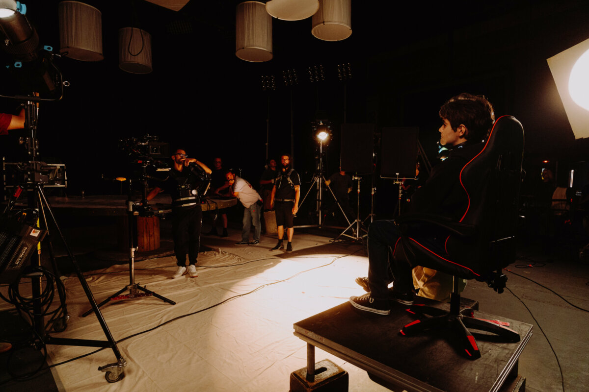 Film crew and camera on the studio set – Ubisoft Anno 117 shoot