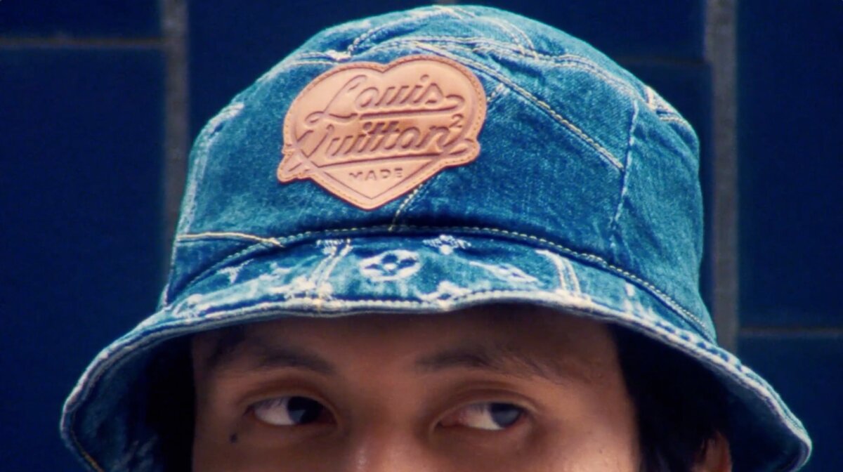 Model in a denim bucket hat – Louis Vuitton Virgil Abloh x Nigo film, Paris