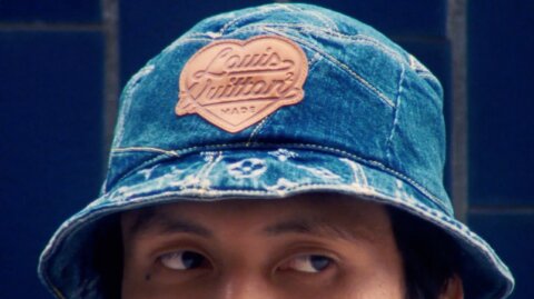 Model in a denim bucket hat – Louis Vuitton Virgil Abloh x Nigo film, Paris