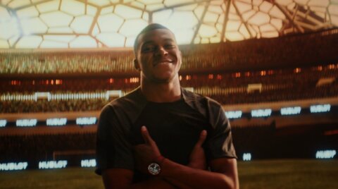 Kylian Mbappé on the pitch in a stadium – Hublot 2022 World Cup film