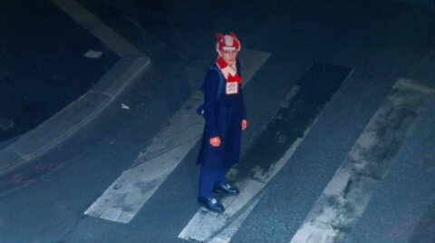 Model at night on a pedestrian crossing – Louis Vuitton Virgil Abloh x Nigo film