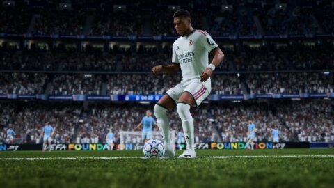 Kylian Mbappé on the ball at the Bernabéu, in-game – EA SPORTS FC 27